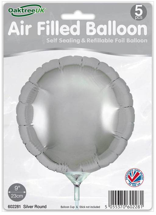 Oaktree UK Foil Balloon Silver Round (9 Inch) Packaged 5pk
