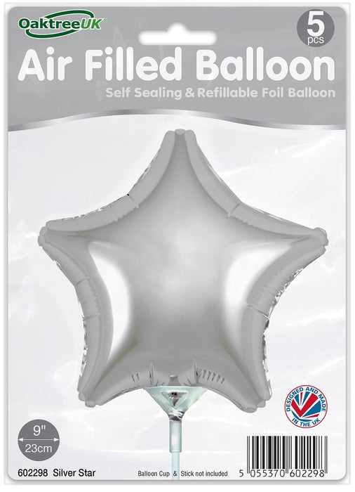 Oaktree UK Foil Balloon Silver Star (9 Inch) Packaged 5pk