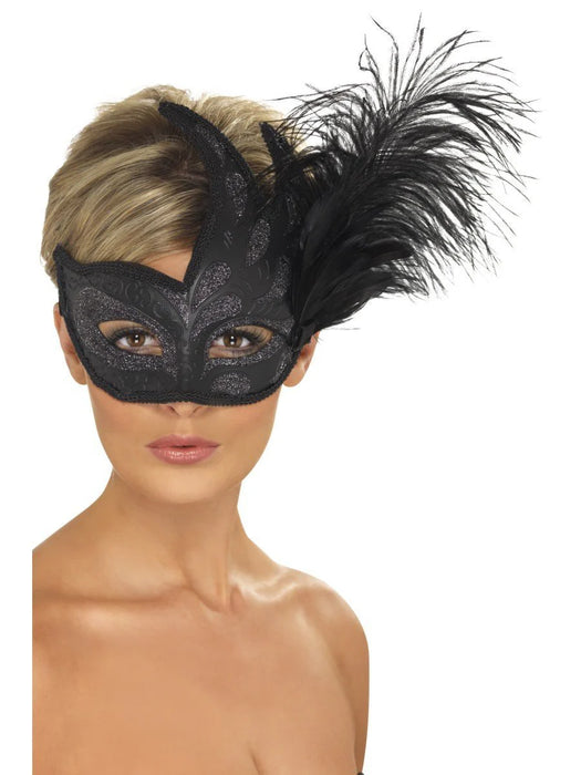 Ornate Colombina Feather Mask, Black