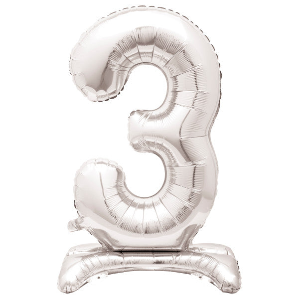 Silver Number 3 Shaped Standing Foil Balloon 30"