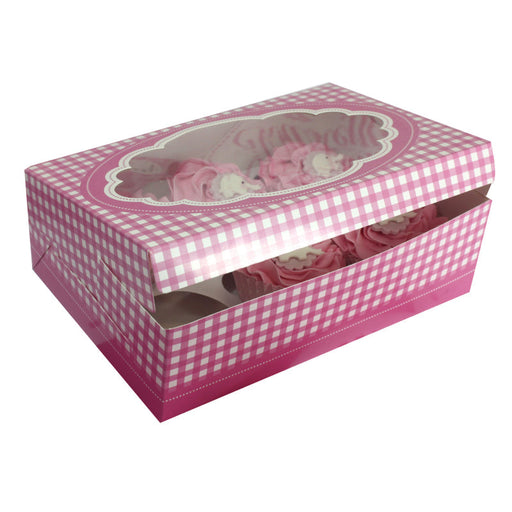 Pink Gingham Stich Cupcake Boxes 23.5 X 16 X 7.5Cm 2pk