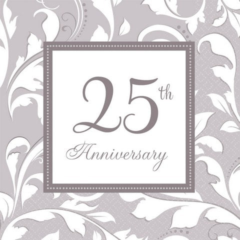 Silver 25th Anniversary Lunch Napkins 16Ct