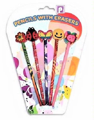 Cute Pencils And Erasers 5Pk
