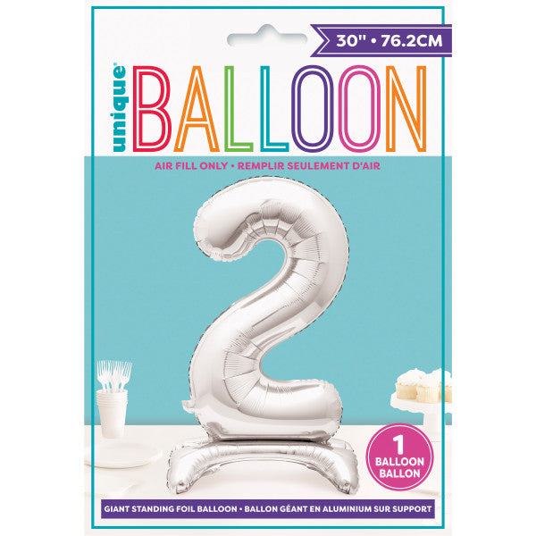 Silver Number 2 Shaped Standing Foil Balloon 30"