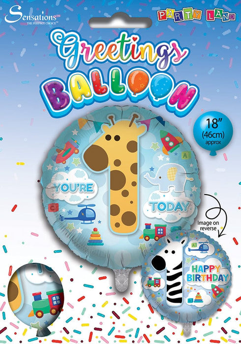 Sensations Balloons You'Re 1 Today Giraffe/Zebra Blue 18 Inch Foil Balloon