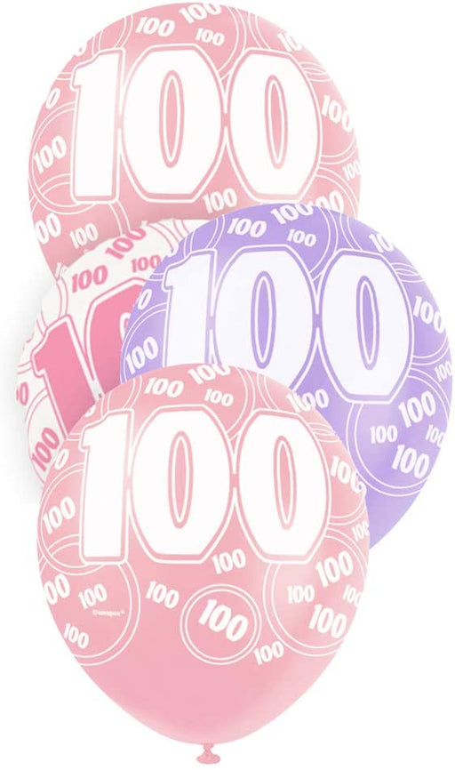 100th Pink Glitz Latex Balloons 6pk