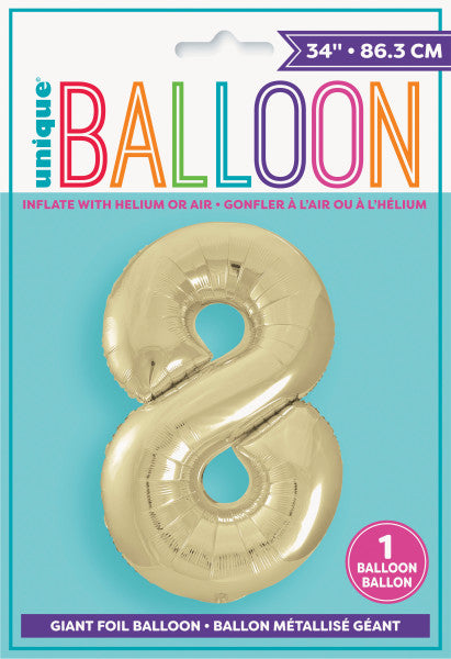 Champagne Gold Number 8 Shaped Foil Balloon 34'', Packaged