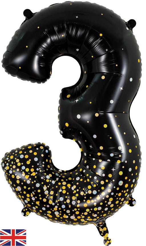 34" Number 3 Sparkling Fizz Holographic Black and Gold
