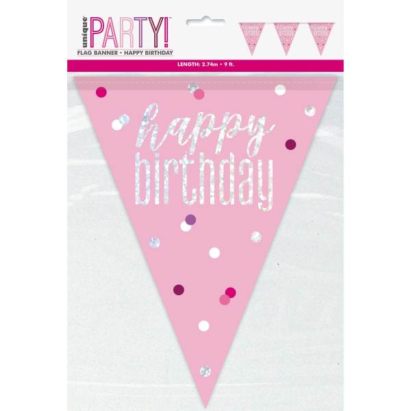 Glitz Pink & Silver Prismatic Plastic Flag Banner "Happy Birthday"