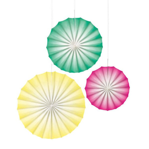 Unique Party Paper Fans Pink, Green & Yellow Paper Fan Decorations (3pk)