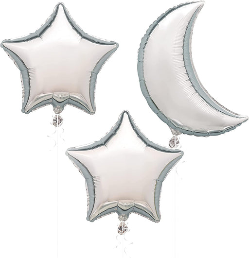 Unique Party Foil Balloons Silver Moon and Stars Kit (3 Balloons) 20 / 16 Inch