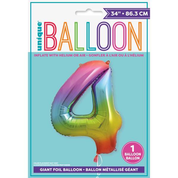 Rainbow Number 4 Shaped Foil Balloon 34'',