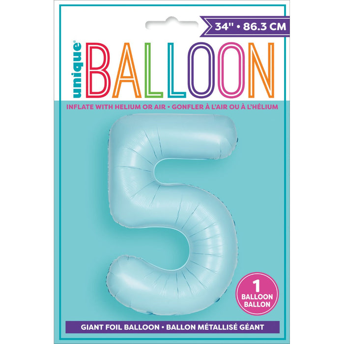Matte Powder Blue Number 5 Shaped Foil Balloon 34''
