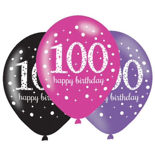 Pink Sparkling 100th Happy Birthday Latex Balloons 6pk