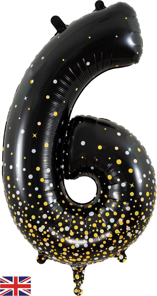 34" Number 6 Sparkling Fizz Holographic Black and Gold
