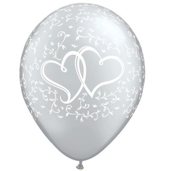 11'' Silver Entwined Hearts Latex Balloon 25pk