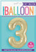 Champage Gold Number 3 Shaped Foil Balloon 34'', Packaged